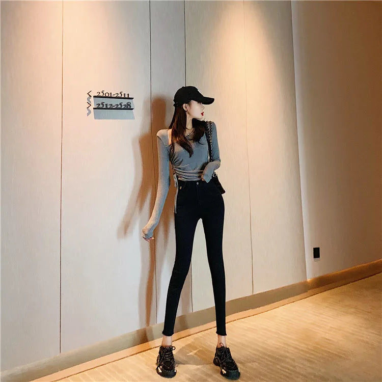 Jeans Women Spring 2023 Fashion Beige High Waist Leggings Skinny Label Pencil Pants Boots Pants