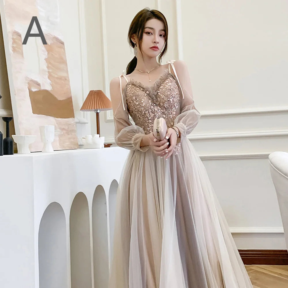 4 styles Champagne Pink Bridesmaid Dress Women's Elegant Off Shoulder Ruffles Sleeves Gown Sequins Flower Applique Vestido - Seprincess