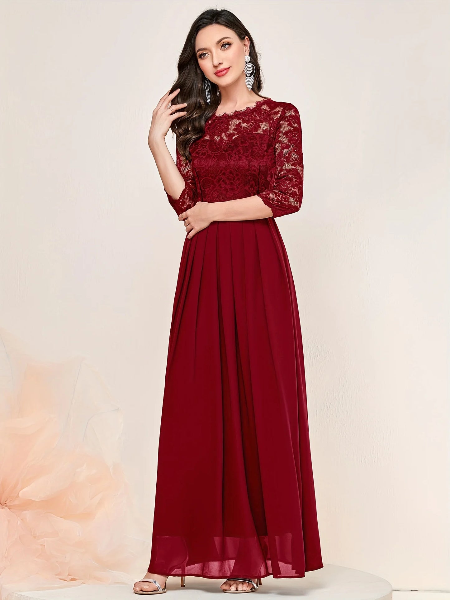 Contrast Lace Pleated Elegant Solid 3/4 Sleeve Party Maxi Formal Evening Dress - Seprincess