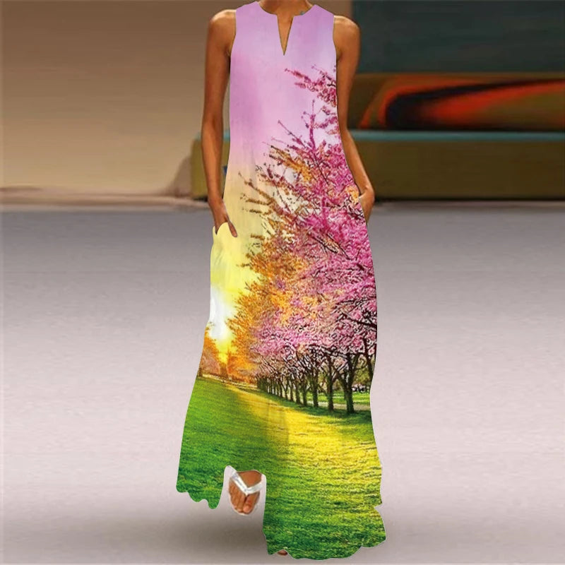 2024 New European and American Cross border Summer Long Dress Women's Sleeveless V-neck Printed Sexy - Seprincess