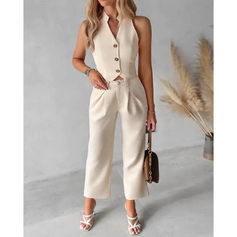 Summer New Solid Color Sleeveless Waistcoat Women Suit Fashion Slim Short Jacket Simple Elegant Female Office Pants 2 Piece Set - Seprincess