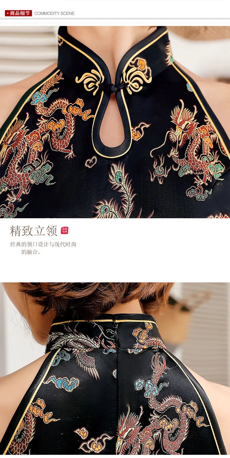 Black Oversize 3XL Chinese Dress Vestidso Traditional Women Sexy Satin Summer New Sleeveless Mini Cheongsam Print Elegant Qipao - Seprincess