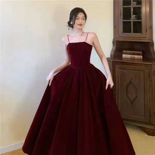 Velvet Spaghetti Strap Burgundy Midi Cocktail Dresses for Women 2024 Elegant Tea Length Prom Midi Dresses - Seprincess