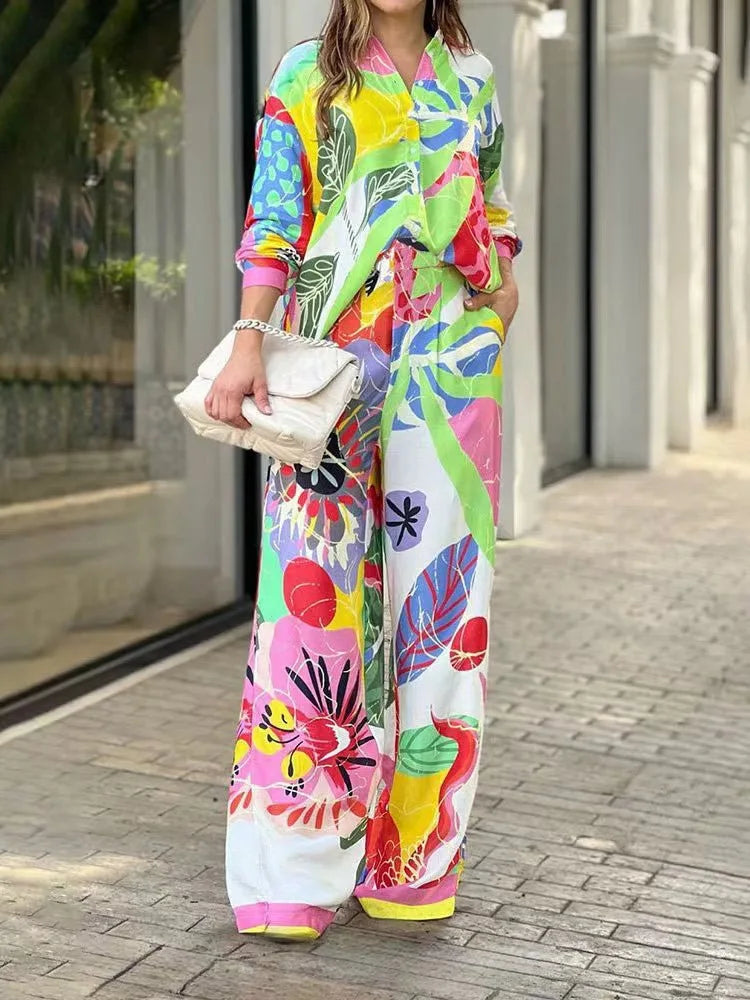 Fashion Color Print Two Piece Set Women Trendy Loose Long Sleeve Shirts Wide Legs Trousers 2 Piece Set Female  Commuting Suits - Seprincess