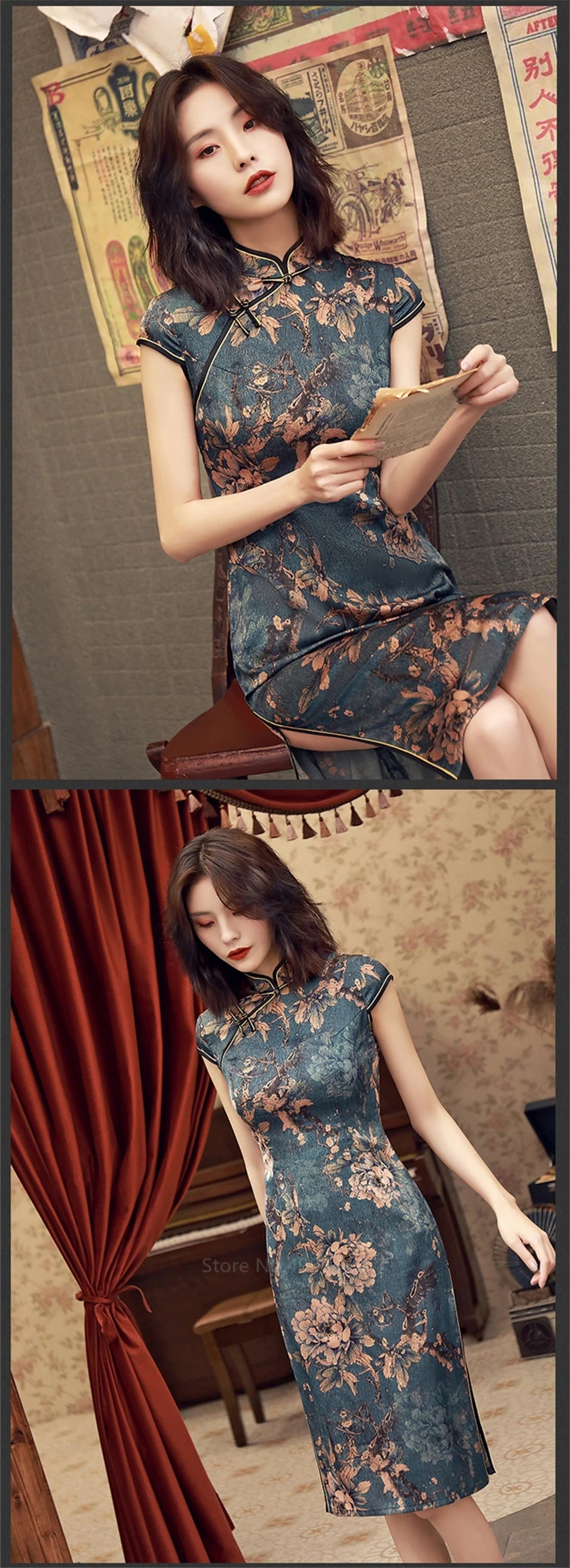 Chinese Traditional Dress Cheongsam  Women Girls Party Wedding Fashion Vintage Retro Crane Floral Print Satin Short Dress - Seprincess