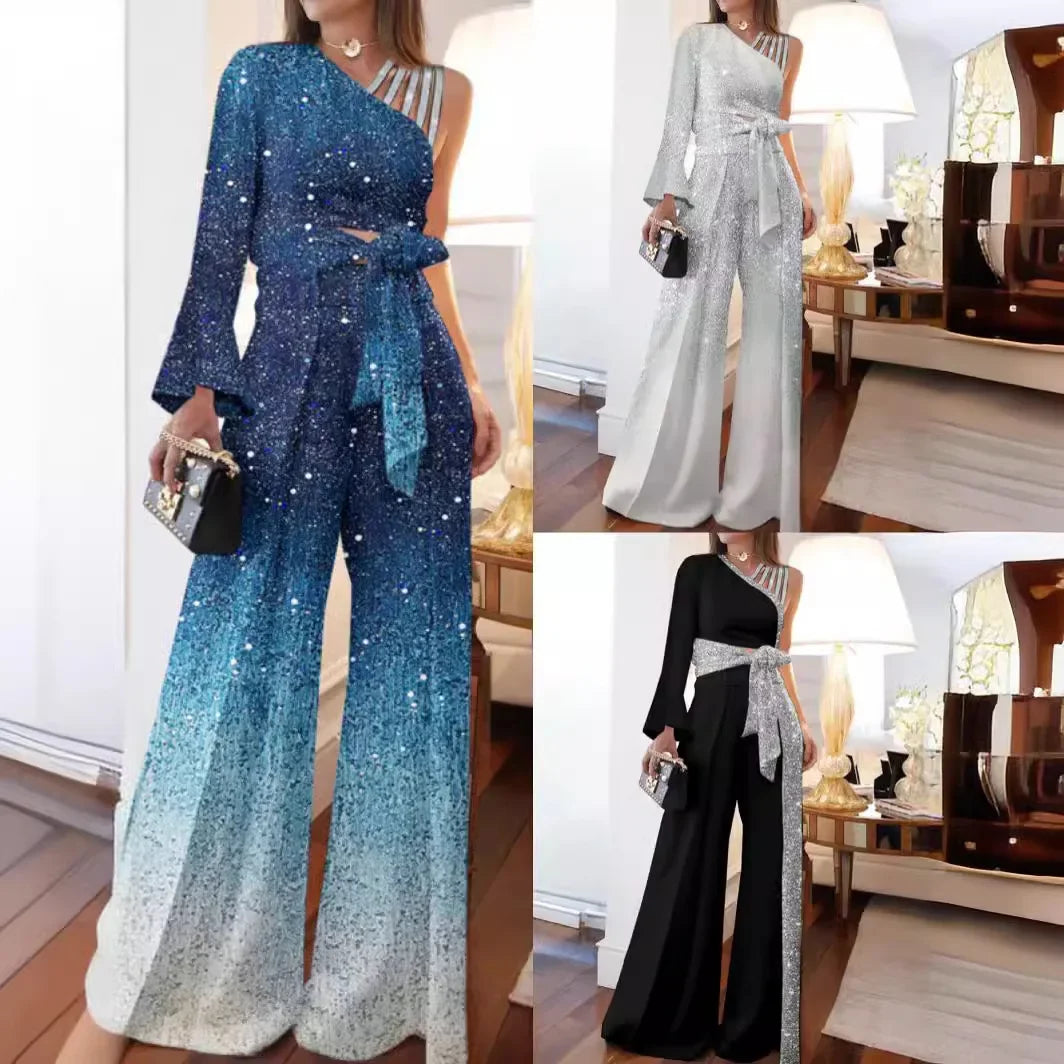 Elegant Two 2 Piece Sets Women Outfits Off-the-shoulder Sequin Tops and High-waisted Plus-size Wide-leg Pants Set Women's Set - Seprincess