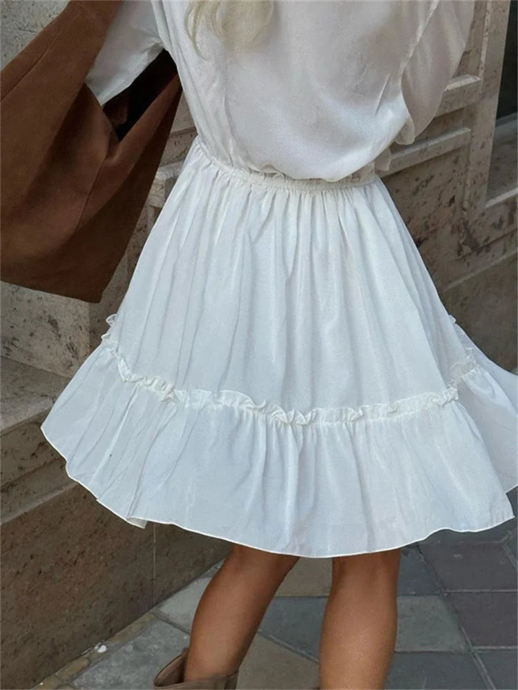 Tossy Ruffled V-Neck White Mini Dress Female Patchwork Long Sleeve Elegant Bandage Fashion Dress High Waist Lace-Up Women Dress - Seprincess