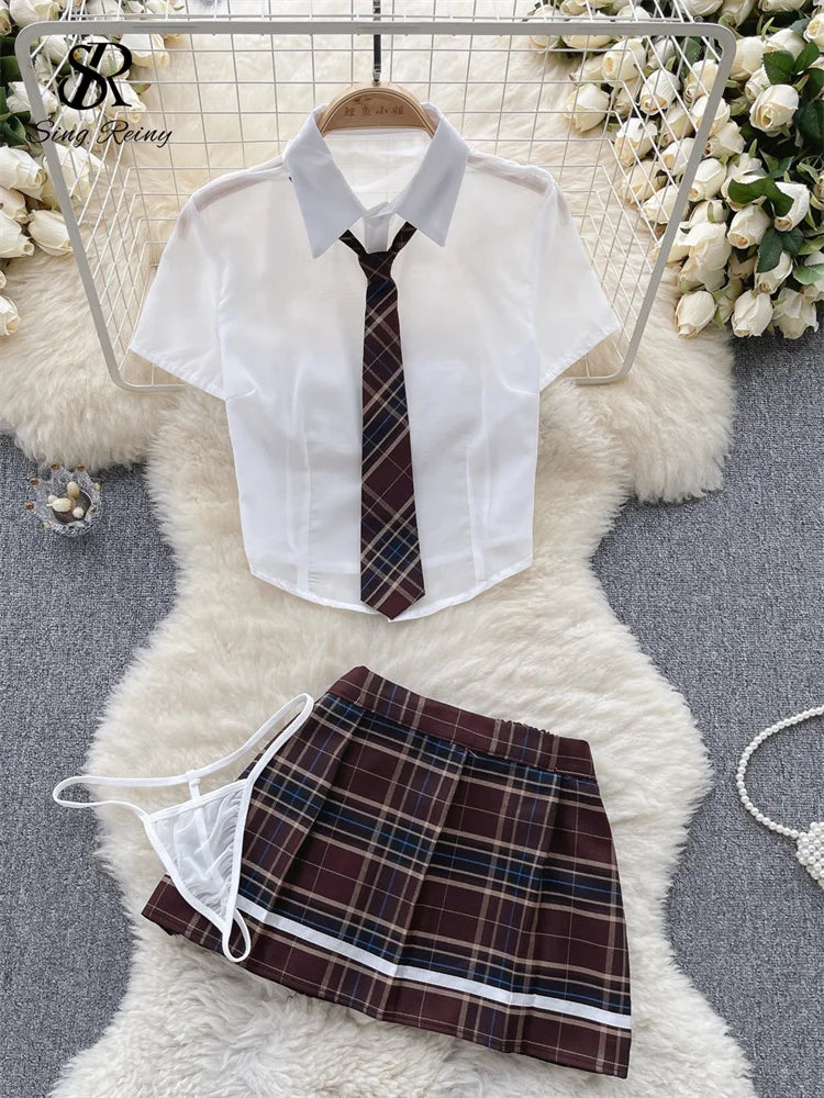 SINGREINY Plaid JK Uniform Erotic Suits Lingerie Female Short Sleeve Blouses+Pleated Skirts Suits Women Cosplay Sheer Sexy Sets - Seprincess