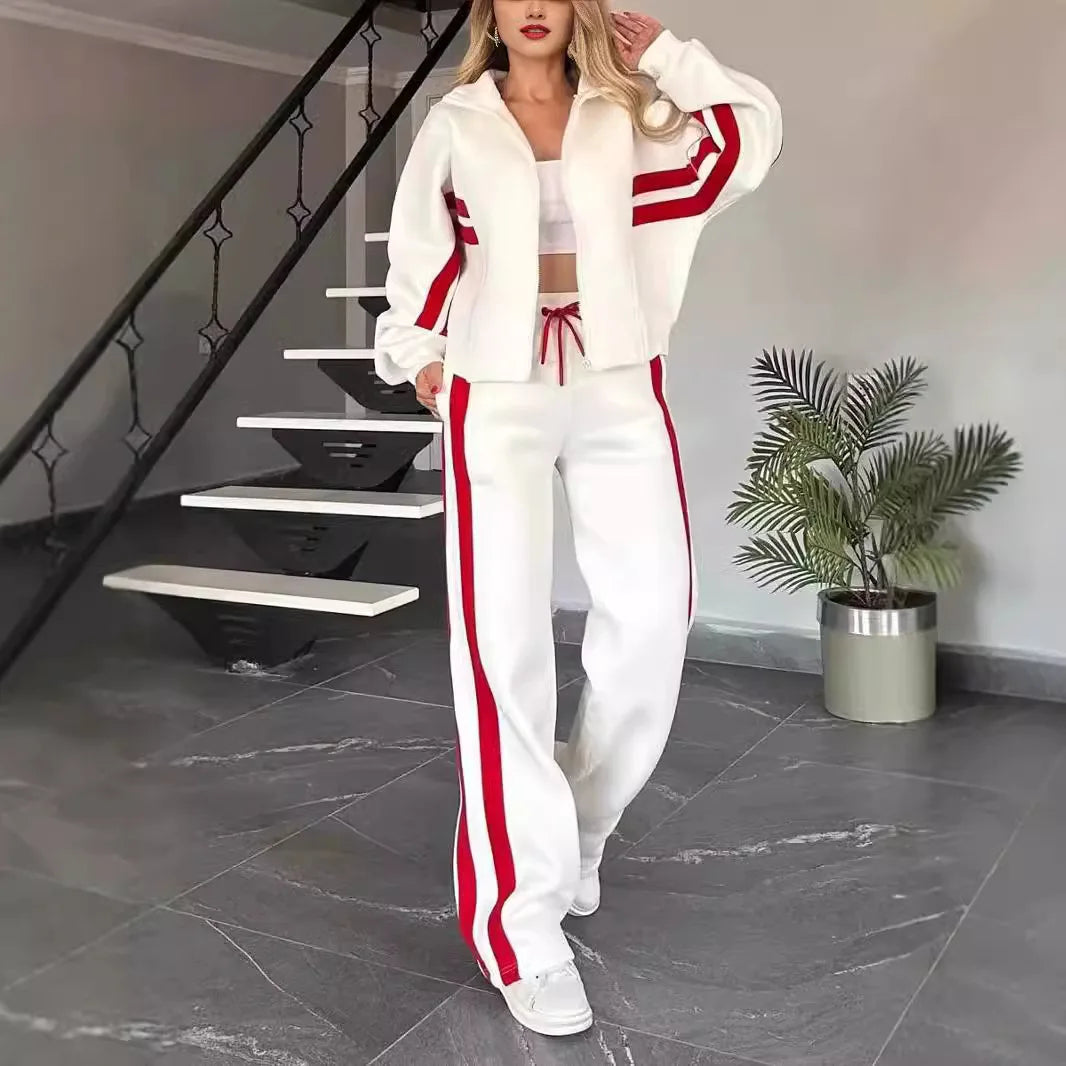 Y2K Striped Zipper Coat+sweatpants Two Piece Set Women Casual Batwing Sleeve Sports Jacket Outfits Autumn Winter Sweatshirt Suit - Seprincess