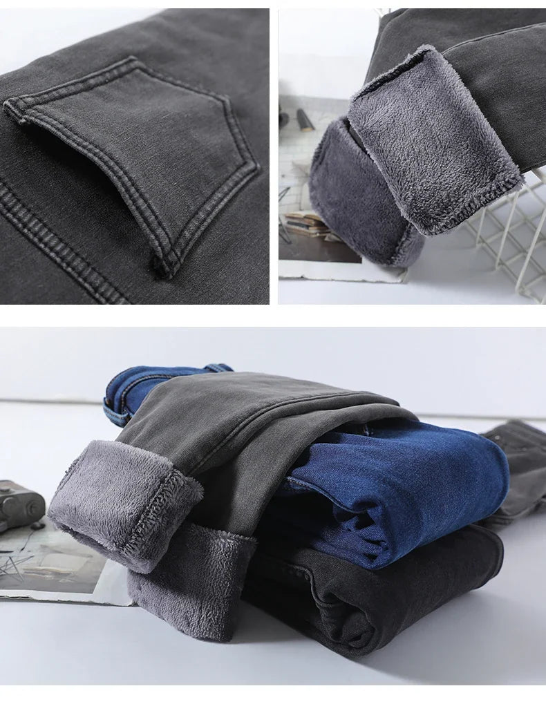 Skinny Women's Warm Jeans Winter Thicken Fleece Stretch High Waist Pencil Pants Fashion Korean Black Blue Gray Velvet Leggings