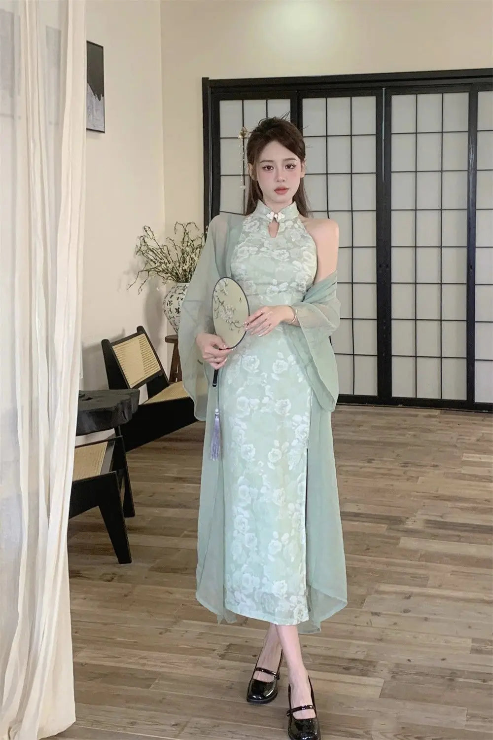 Women New Cheongsam Style Improved Qipao Dress Children's Summer Small Long Print Hanging Neck Off Shoulder Dress - Seprincess