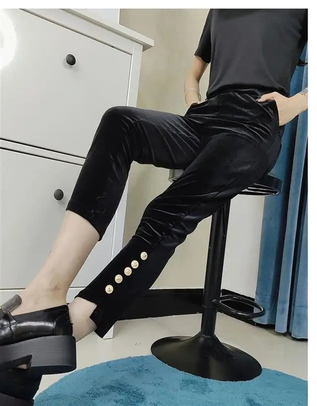 Casual Women's Solid Color Straight Cropped Pants Autumn Winter Fashion High Waist Elastic Chic Button Asymmetrical Trousers New