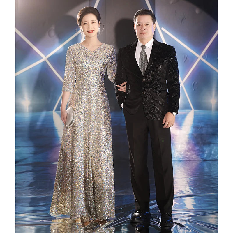 Shiny Sequin Mother Of the Groom Dresses 2024 New Elegant V-Neck Floor-Length Long Wedding Party Gowns With Sleeves - Seprincess