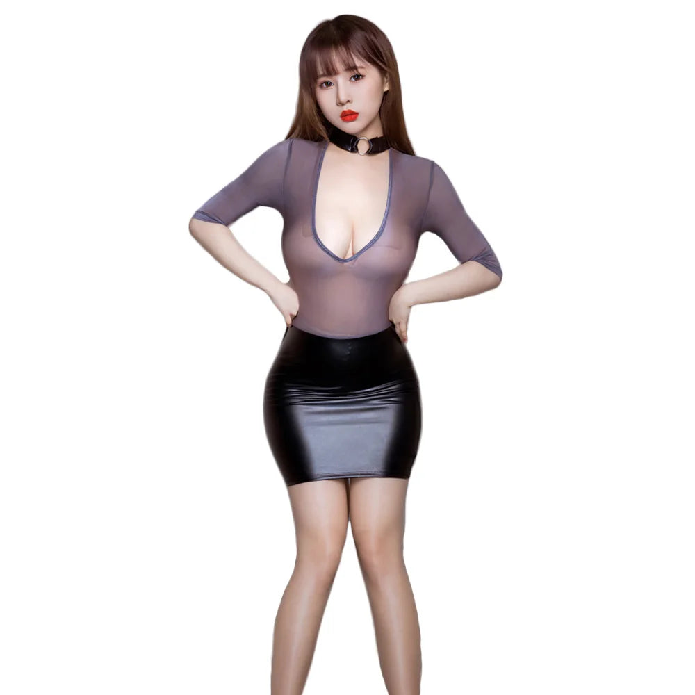 Sexy Wrap Hip Pencil Dress Sheer See Throug High Elastic Micro Mini Dress Oil Glossy Shiny Tight Bandage Cute Dress Double Use - Seprincess