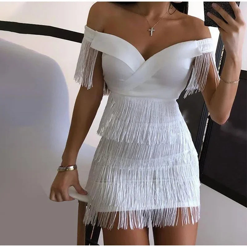 Sexy Sleeveless Bodycon Dress Women White Off Shoulder Tassel Female Short Dresses 2023 Summer Party Club Bandage - Seprincess