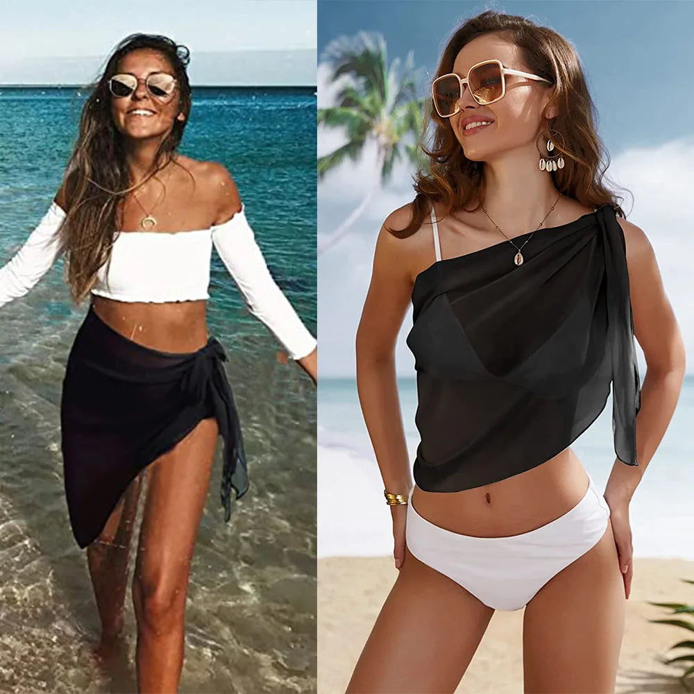 Summer Women Print Short Sarongs Swimsuit Coverups Beach Bikini Wrap Sheer Short Skirt Chiffon Scarf Cover Ups for Swimwear