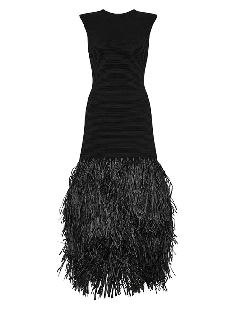 Women Chic Spliced Tassels Hem Knitted Long Dress Sexy Backless Sleeveless Shoulder Pad Robe Fashion Summer Lady Party Vestido ? - Seprincess