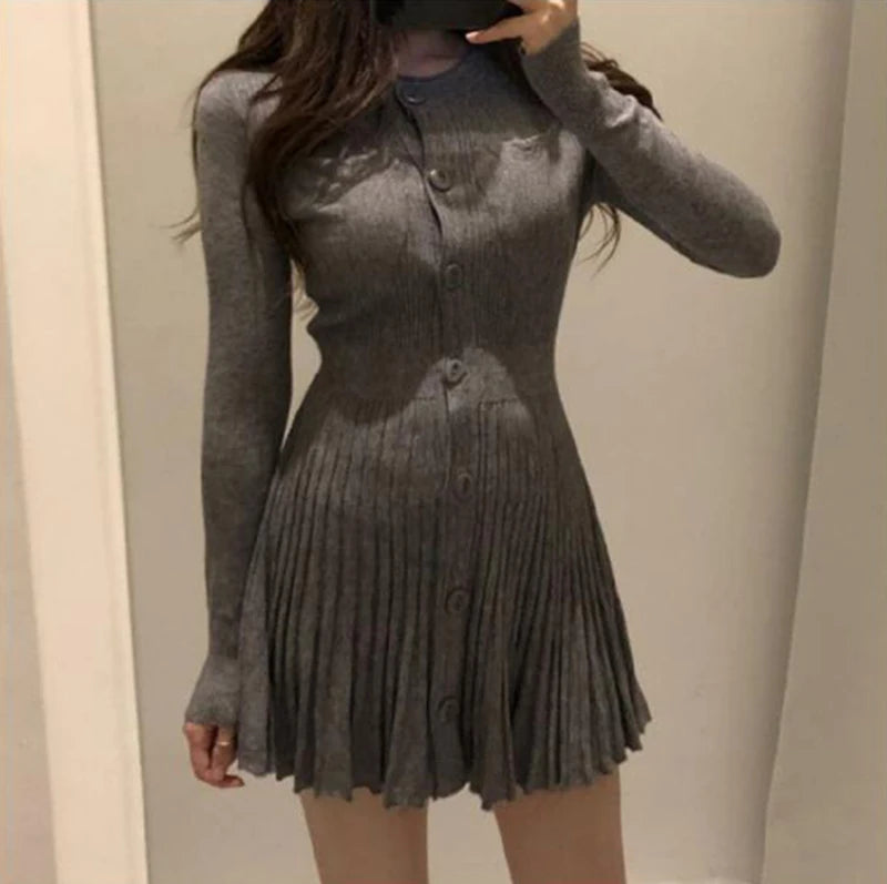 MEXZT Knitted Pleated Mini Dress Women Vintage Black Sweater Dresses Winter Korean Elegant Long Sleeve Pink Bodycon Vestidos New - Seprincess