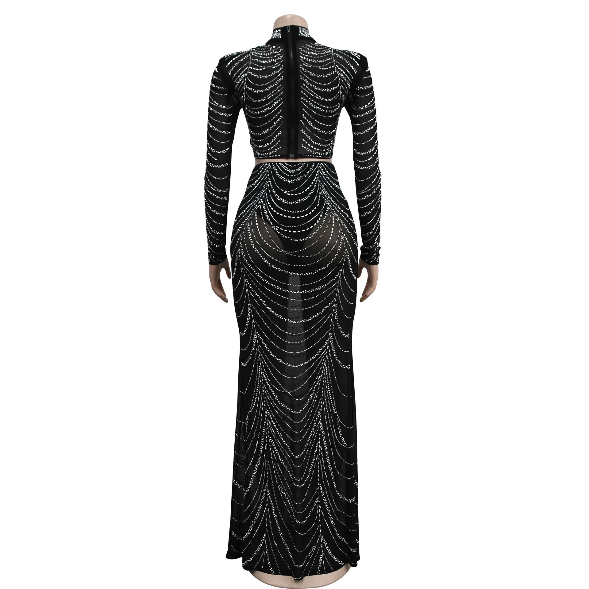 Womens 2pcs Set Dresses For Formal Occasions Criss-Cross Long Dress Rhinestone Long Sleeve Mesh Elegant Party Evening Dress HX12 - Seprincess