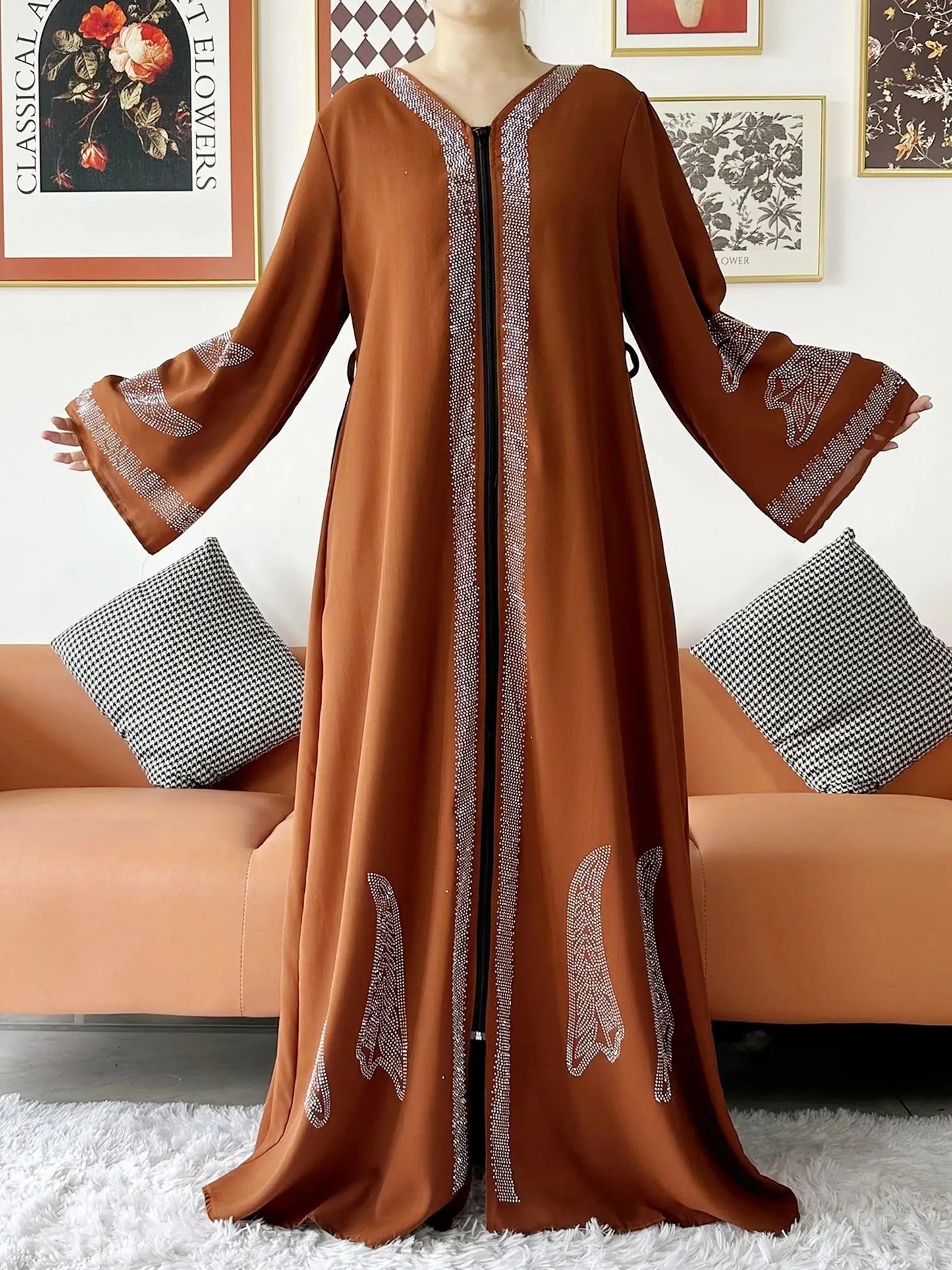 New Women Elegant Dress Chiffon Open Abaya with Zipper Muslim Women Dress Islamic Clothing Cardigan Abaya Women Muslim Dress