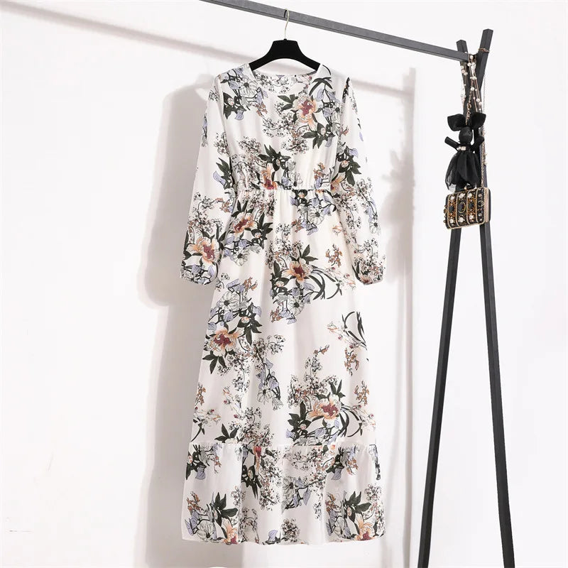 Women Floral Printed Maxi Dresses Spring Summer Casual O Neck Full Sleeve High Waist A Line Boho Beach Party Long Dress Vestidos - Seprincess