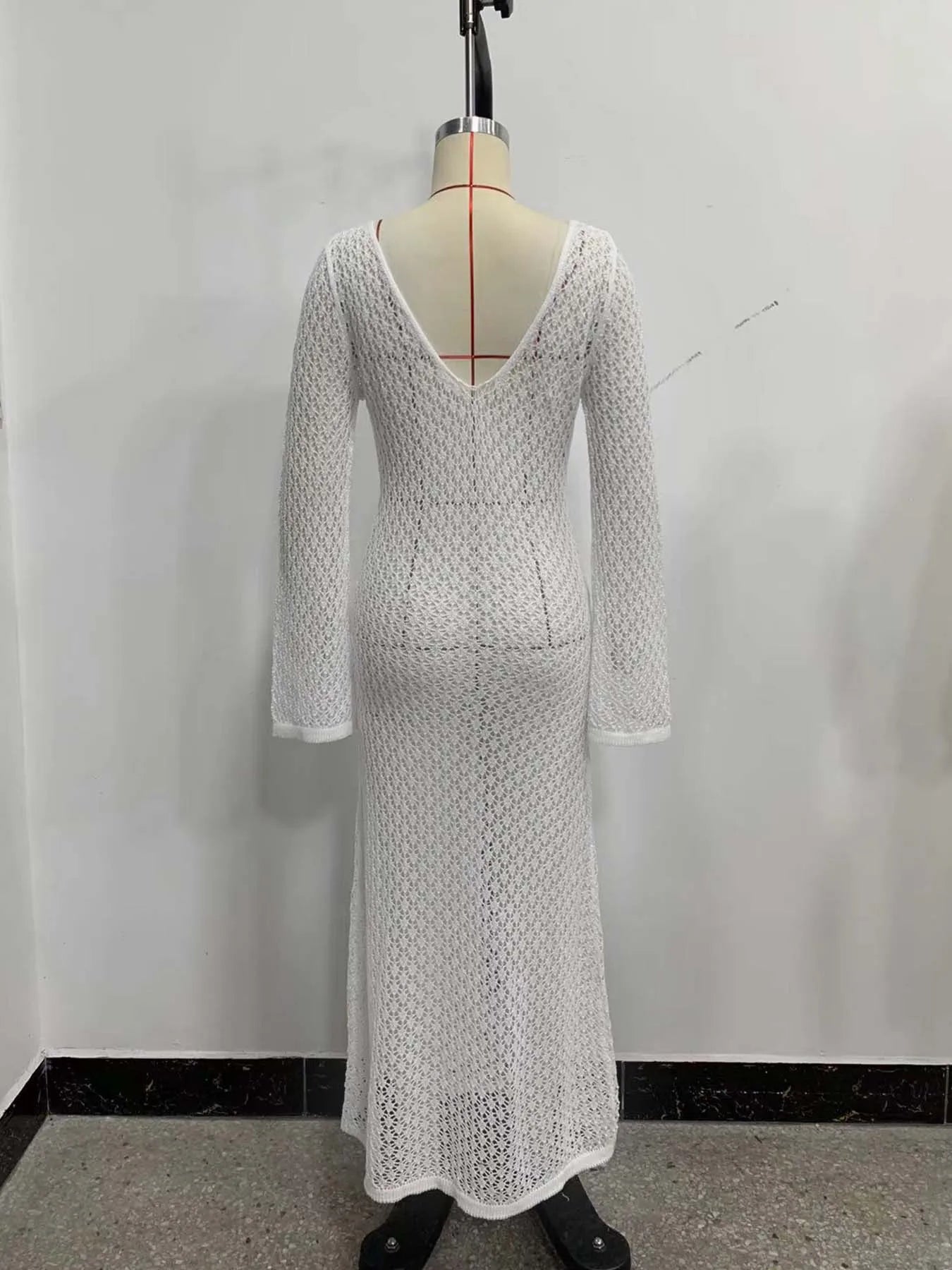 Sexy Women White Long Knit Sleeve Bikin Fashion Cover up Female See-Through Deep V-Neck Hollow-Out Beach Knitwear Backless Dress - Seprincess