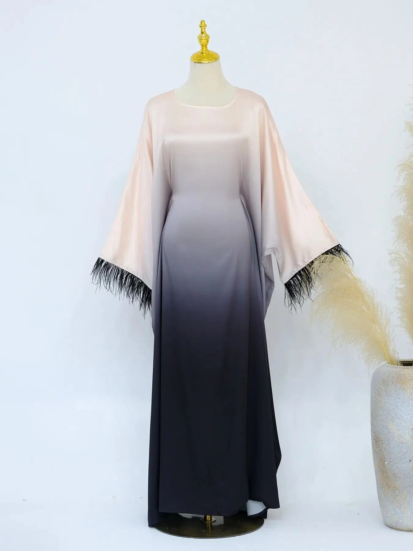 Fashion Shiny Feather Cuff Muslim Dress Robe Female Full Length Soft Butterflies Abaya Muslim Dress Worship Service Abaya wy2073 - Seprincess