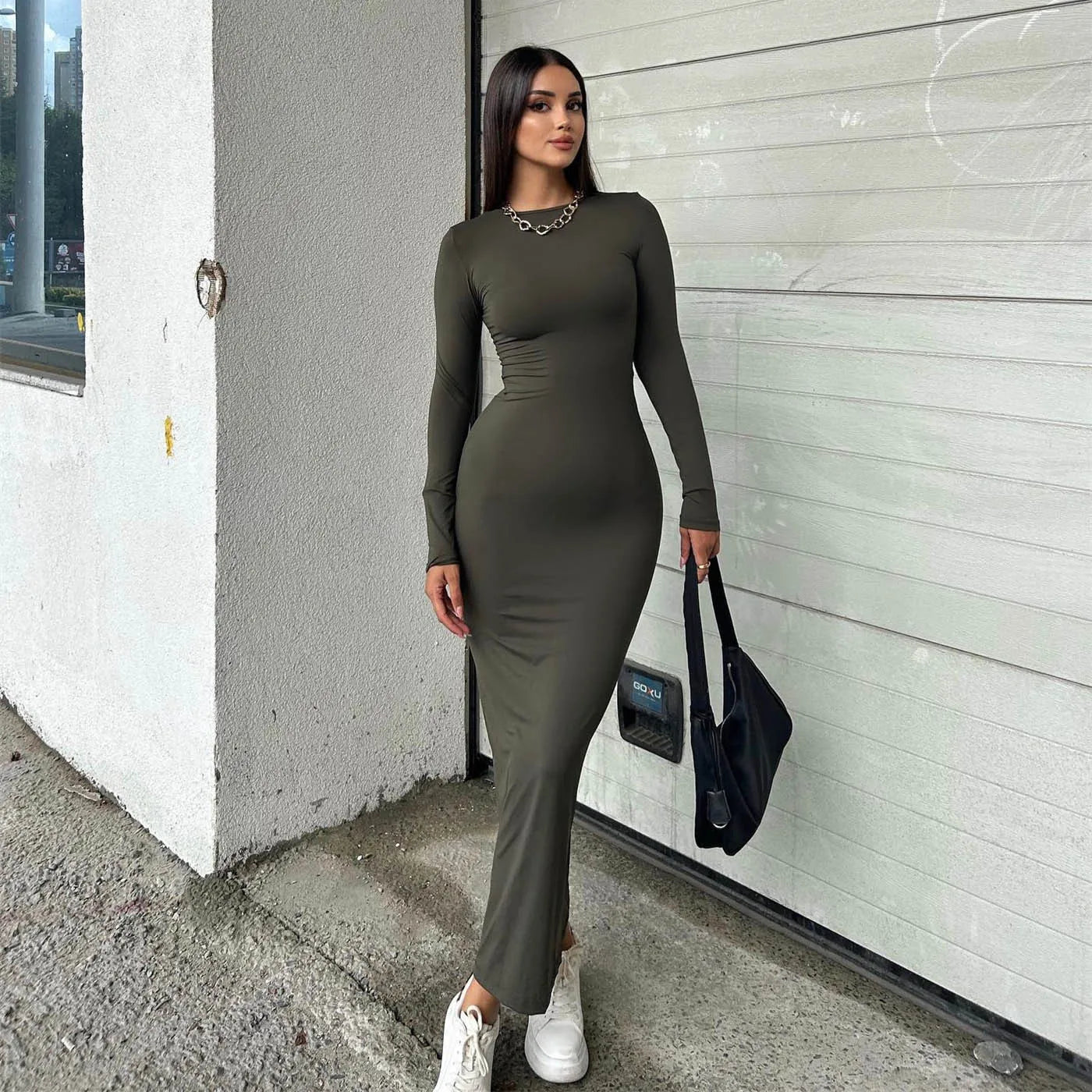 Classic Black Dress Round Neck Long-sleeved Elegat Dresses For Women Tight-fitting Hip-hugging Slim Sexy Long Dress For Women - Seprincess