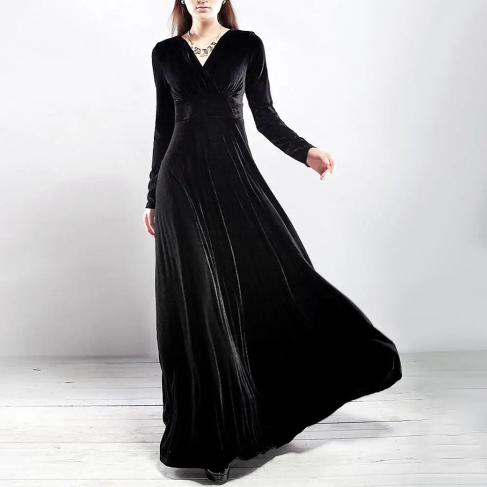 Vintage Women Autumn Long Sleeve V Neck Pleated Velvet Banquet Party Maxi Dress Party Wedding Elegant Evening dress? - Seprincess