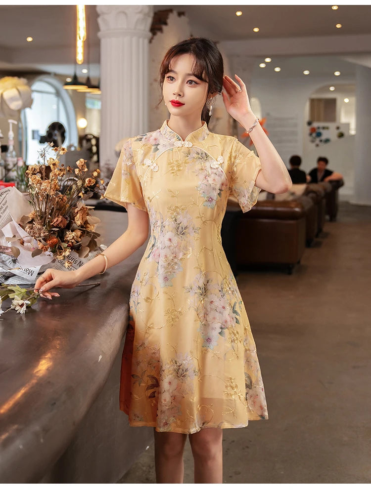 Summer Improved Young Style National Style Embroidered Floral Short Sleeve Women's Qipao Dress Chinese Traditional Cheongsam - Seprincess