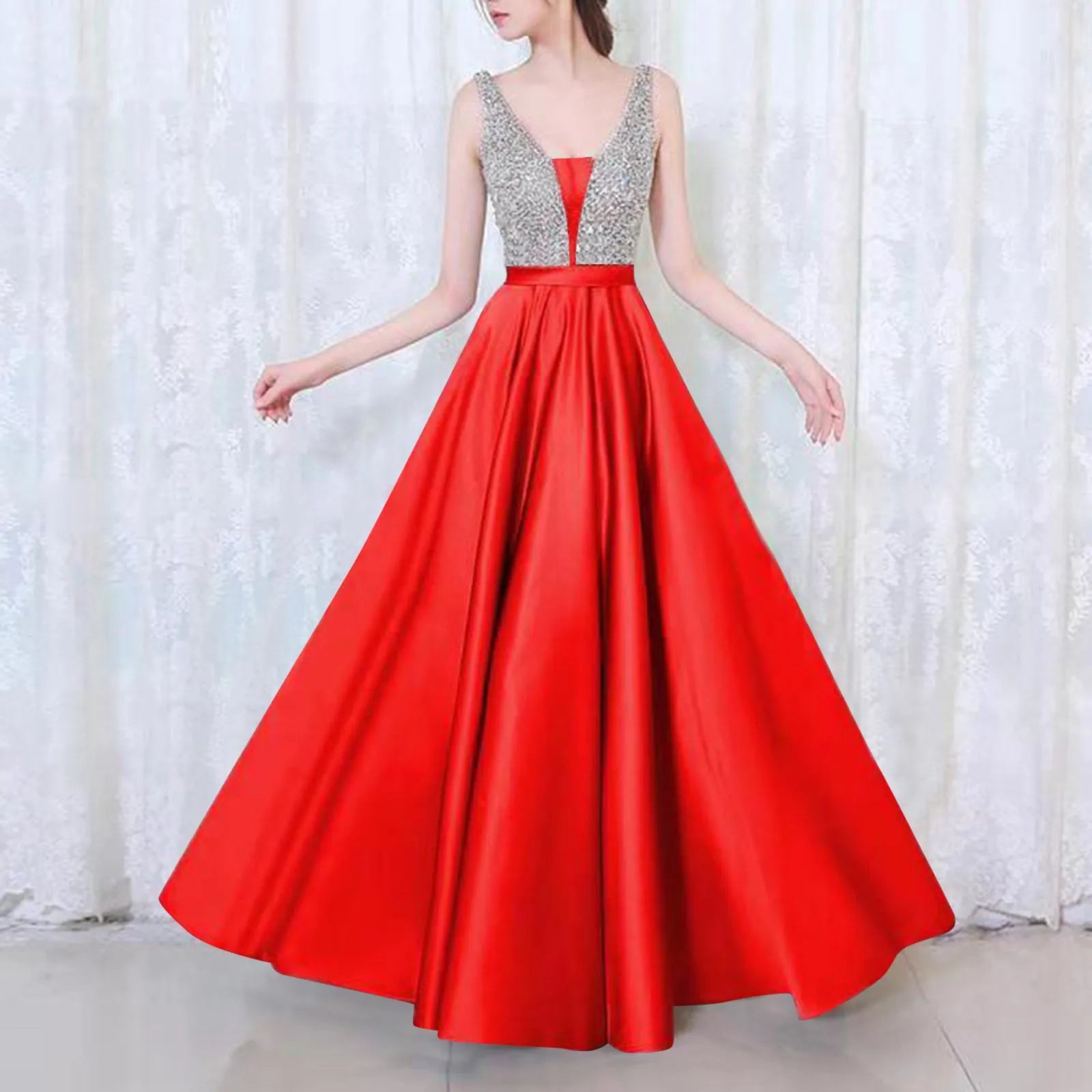 A Line Elegant Sequined Long Prom Dresses Ladies Deep V Neck Solid Color Satin Ruffles Formal Party Dresses Bridesmaid Dress - Seprincess