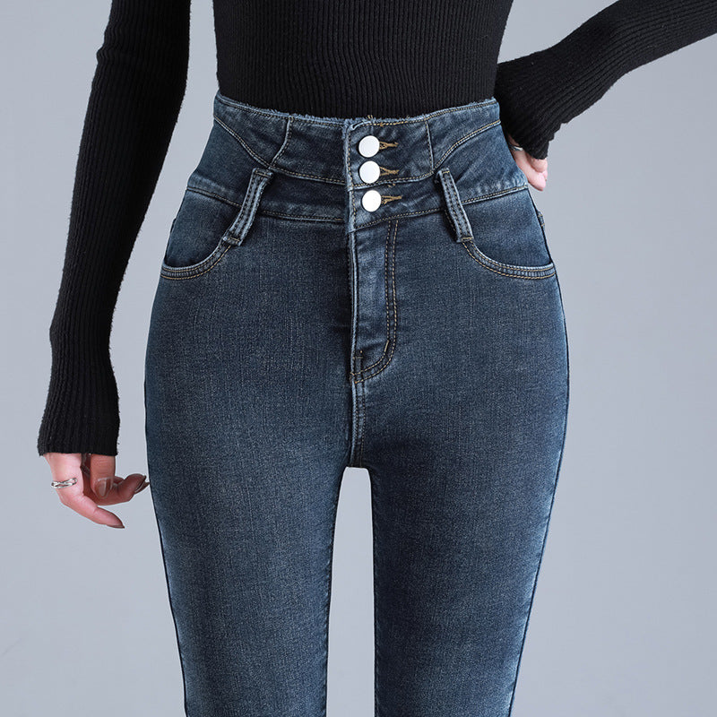 Women Thermal High Waist Jeans Winter Snow Warm Plush Stretch Jeans Lady Skinny Thicken Students Denim Pants Fleece Fur Trousers