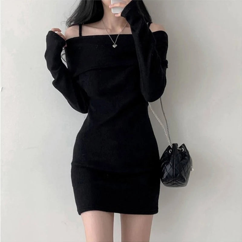 Y2K Women Knitted Mini Dress Korean Sexy Off Shoulder Female Dress Spring New Spaghetti Strap Long Sleeve Ladies Vestidos - Seprincess