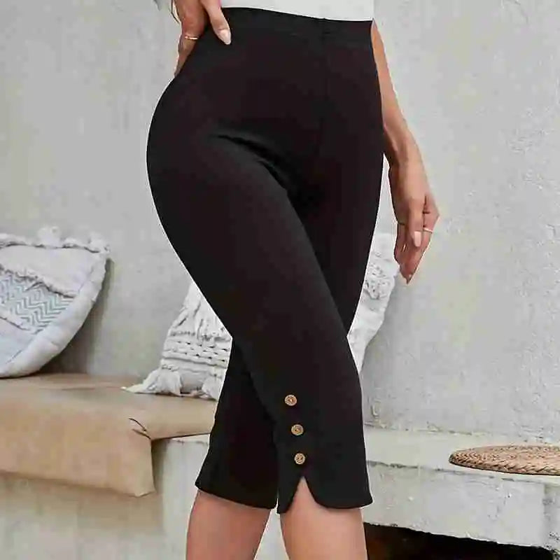 Women's Fashionable High Waisted Tight Capris Yoga Casual Solid Color Button Side Slit High Waisted Leggings