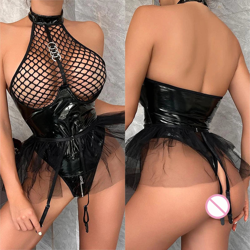 Lingerie Leather mesh tight integrated perspective fetish Short sets night richiami Scary costumes costumes call of the night - Seprincess