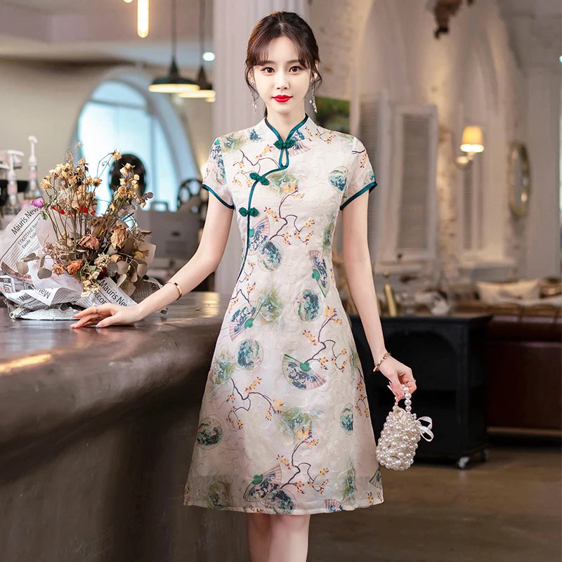 Fashion Modern Chinese Cheongsam A-line Dress Women Short Sleeve Qipao Traditional Chinese Clothes - Seprincess