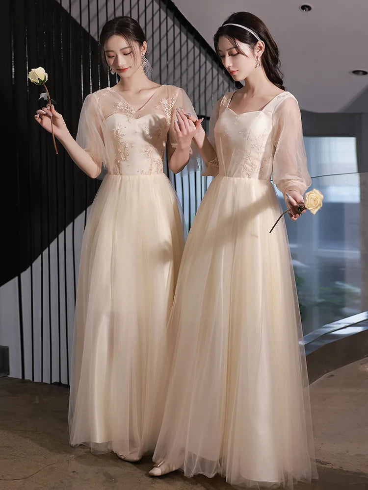 Champagne Bridesmaid Dress Women's Sweet Tulle Embroidery New Temperament Sisters Evening Dresses A-Line Wedding Party Gown - Seprincess