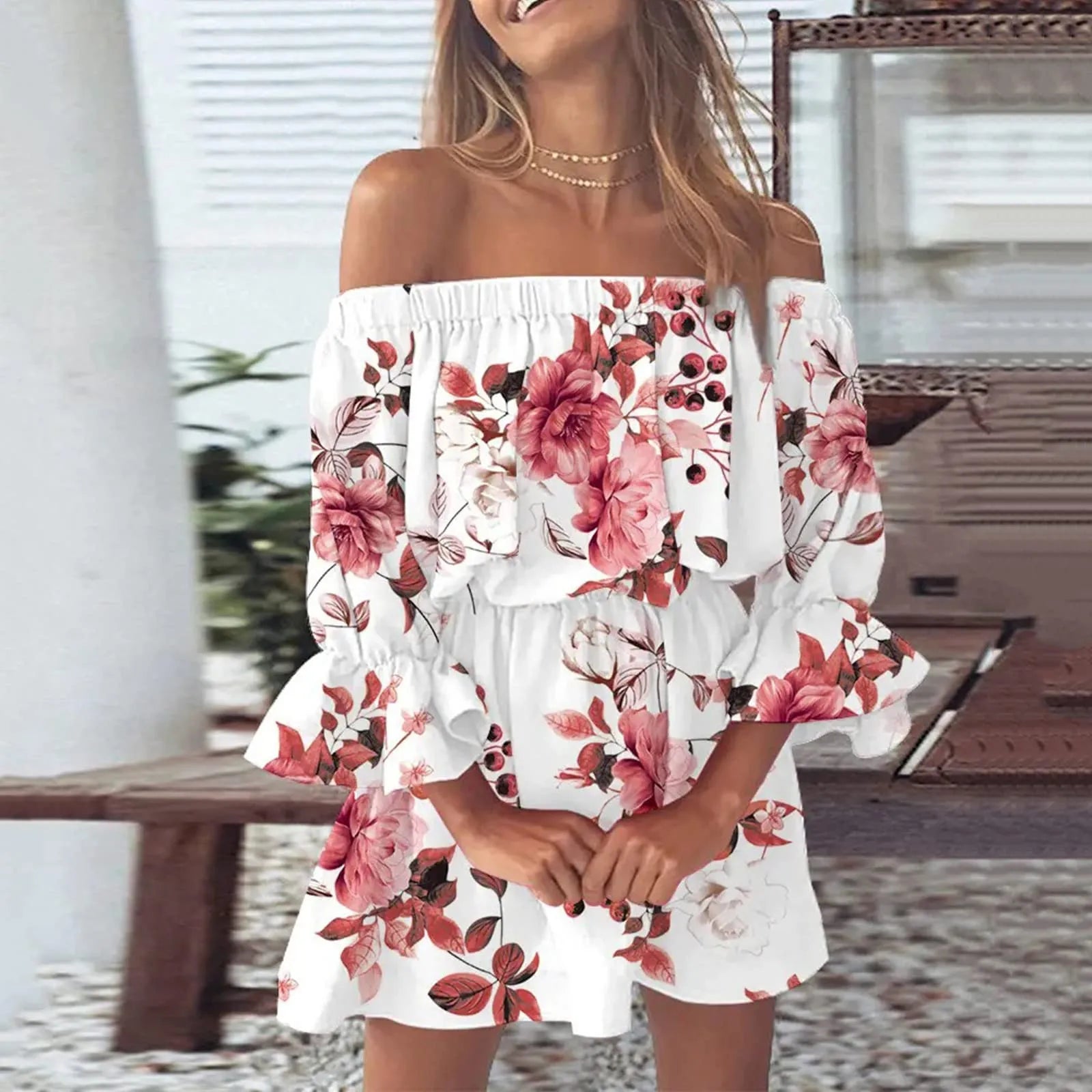 Boho Dresses for Women 2023 Summer Sexy Off Shoulder Floral Print Flare Sleeve Tunic Dress Women Casual Mini Sundress Vestido - Seprincess