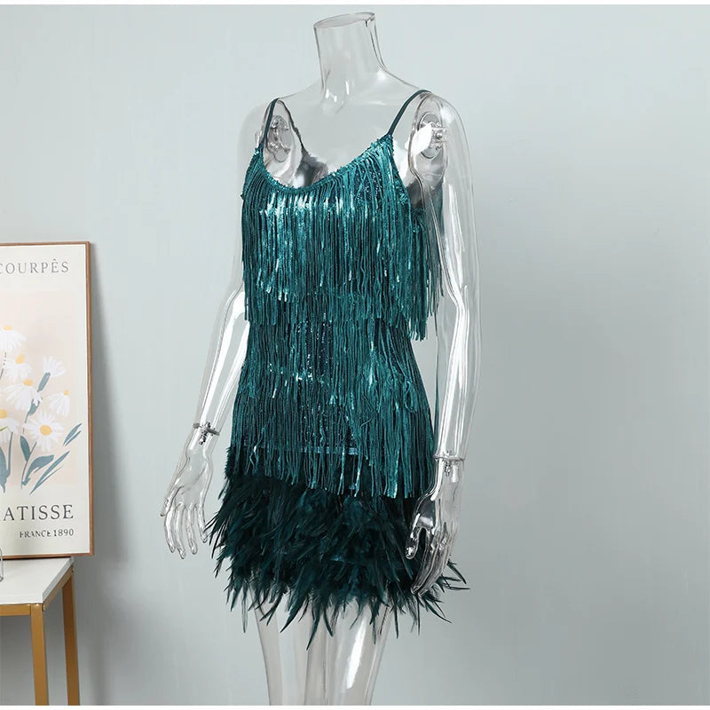 2024 Sexy Women's Fringed Sequin Feather Stitching Dress Summer Slim V-Neck Off Shoulder Dresses Female Backless Slip Mini Robe - Seprincess