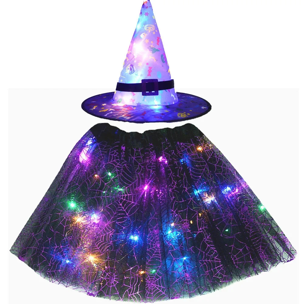 Women Kids Girl Luminous LED Glow Light Up Elf Witch Hat Star Skirt Spider Web Tutu Wizard Costume Party Gift Halloween Festival - Seprincess