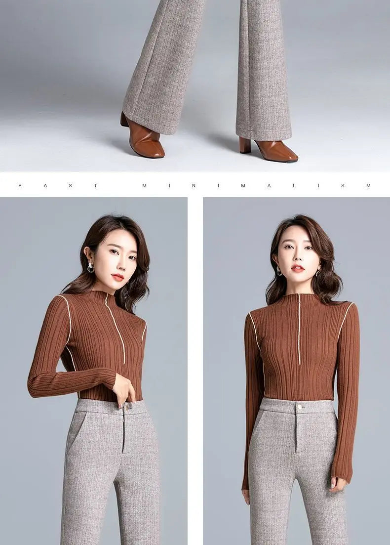 Office Lady Fashion Thicken Wool Flare Pants Autumn Winter New Korean Slim High Waist Wide Leg Women Solid Casual Suits Trousers