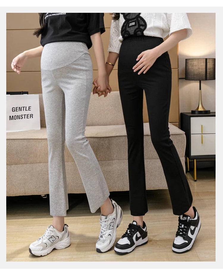 Spring Pregnant Woman Ankle-Length Pants Cotton Stretch Outside Wear Casual Maternity Boot Cut Thin Pregnancy Flare Trousers