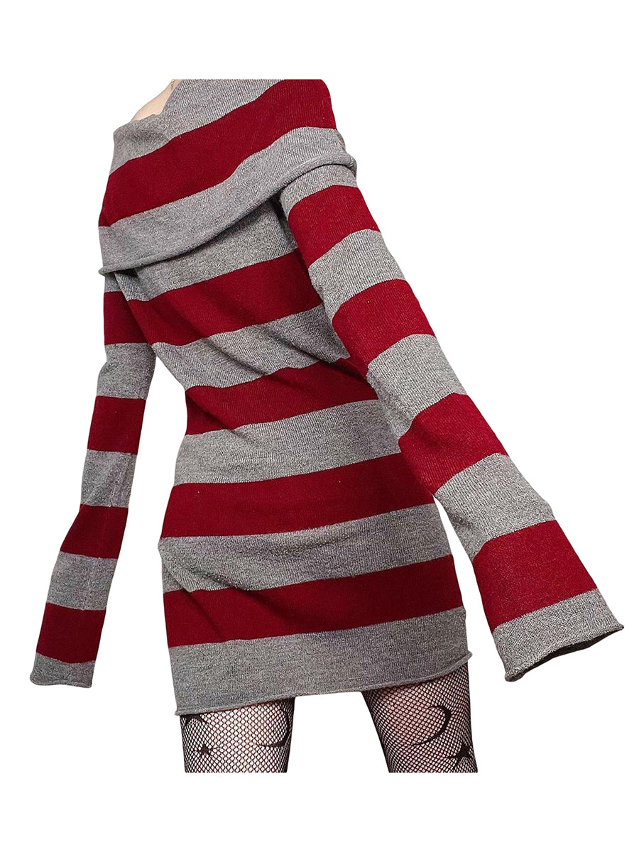 Women Y2K Knit Mini Dress Striped Long Sleeve Off Shoulder Bodycon Short Sweater Dress Trendy Night Club Streetwear - Seprincess