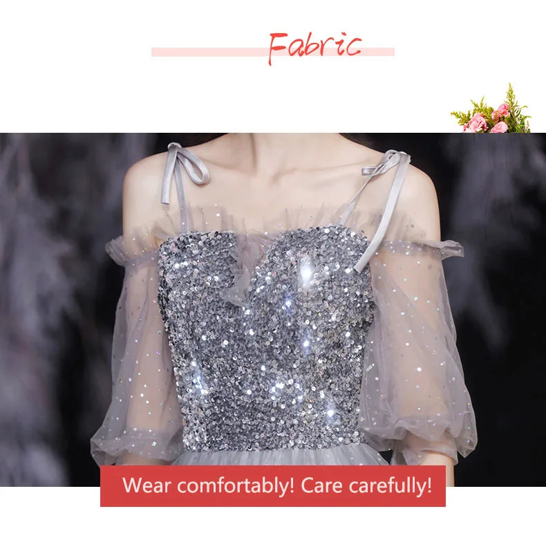 Grey Bridesmaid Evening Dress Women Off Shoulder Sequins Wedding Party Vestidos Fairy Temperament Sisters Group Gown Summer - Seprincess