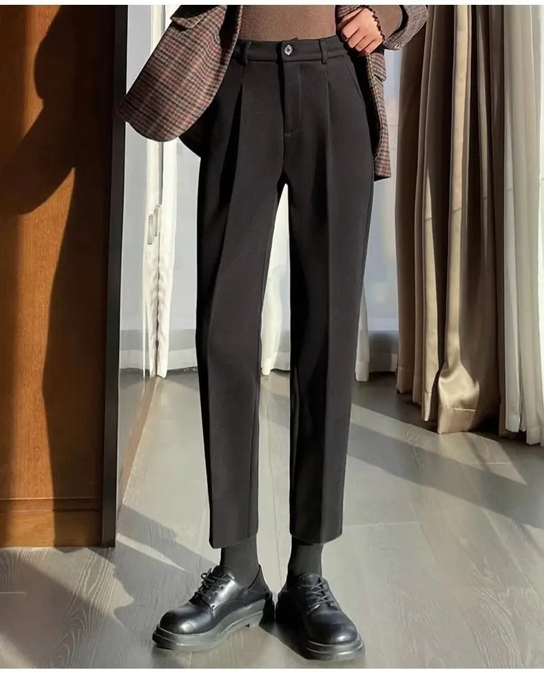 Simplicity Autumn Women Woolen Suit Pants Solid Pockets Button Elastic High Waist Fashion Straight Thicken Ankle Length Trousers