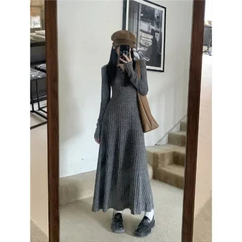 Vintage Versatile Knitted Long Sleeve Dress Women's Slimming A- line Skirt Autumn/winter Waist-fitted Long Dress - Seprincess