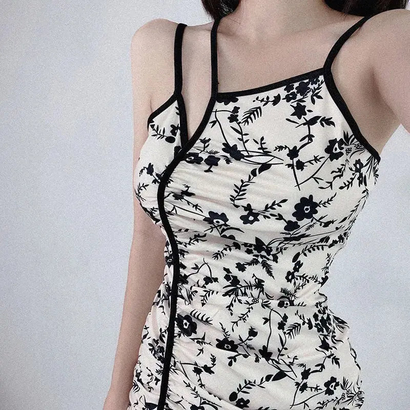 2024 summer slit slimming improved chinese style sexy fold design cheongsam floral printed halter sleeveless qipao dress w715