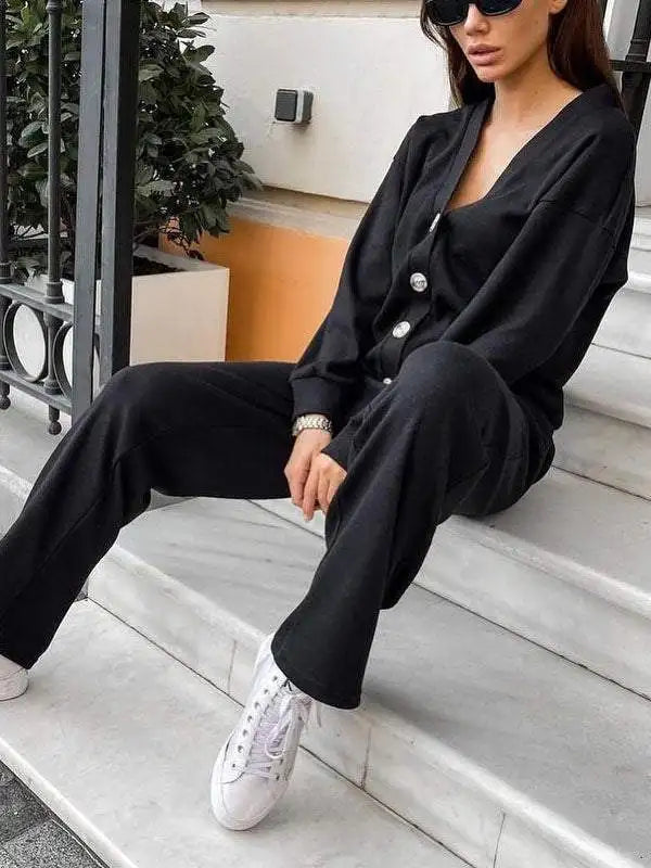 Autumn Fashion Knitted Cotton Women's Sports Jacket Suit Simple Trousers Pocket Casual Cardigan Elegant 2-piece Set Female - Seprincess