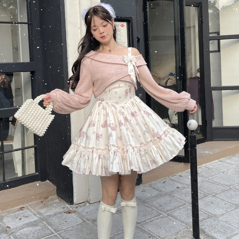 Sweet Lolita Style 2 Piece Dress Set Women Pink Bow Knitted Coat Kawaii Floral Mini Dress Female Korean Fashion Beach Party Suit - Seprincess