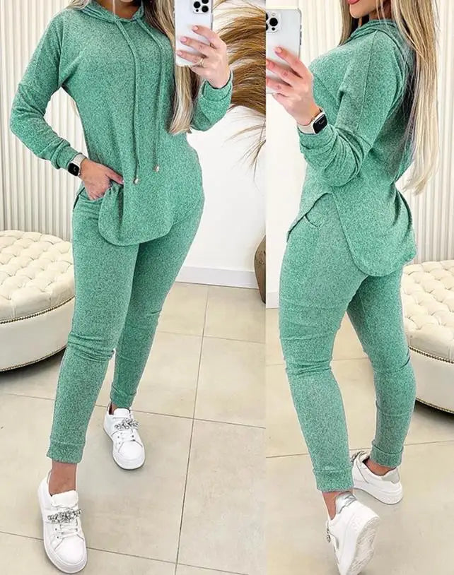 2 Piece Set Women Outfit 2024 Spring Fashion Hem Slit Long Sleeve Hooded Sweatshirt & Casual Pocket Design High Waist Pants Set - Seprincess